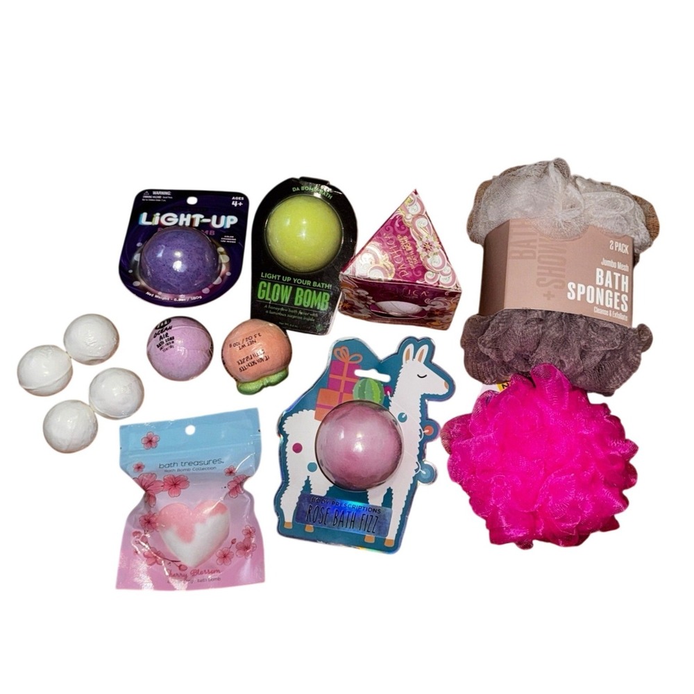 Mixed Bath Bomb & Loofah Bundle Multicolor 14pc Set New Spa Gift Self Care Kit